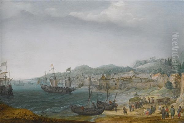 A Fortified Coastal Town With Fishermen Unloading Their Catch And Larger Vessels Offshore Oil Painting by Adam Willaerts