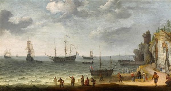 Kustenpartie Mit Seglern Vor Einem Hafen Oil Painting by Adam Willaerts