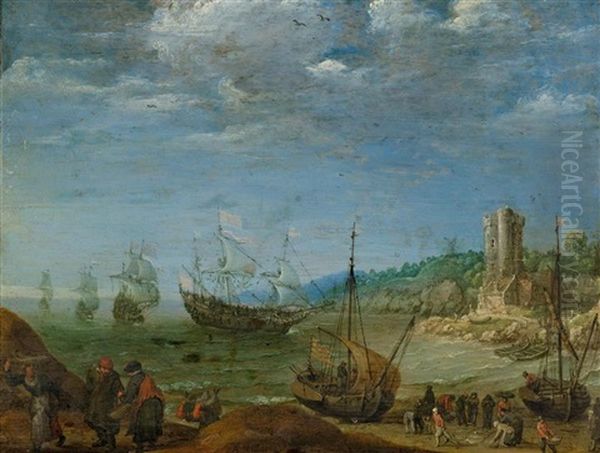 Ships Off The Coast Of Utrecht, With The Bijlhouwerstoren Tower On The Right Oil Painting by Adam Willaerts