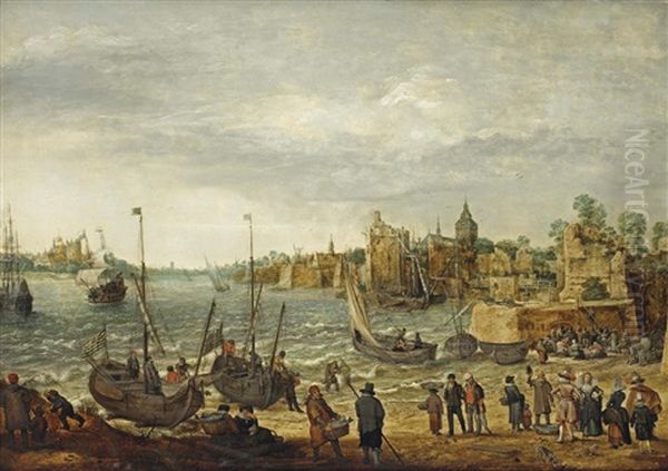 Fishermen Bringing In The Catch, Elegant Figures Purchasing Fish On The Bank And Numerous Other Figures, A Fortified Town Beyond Oil Painting by Adam Willaerts