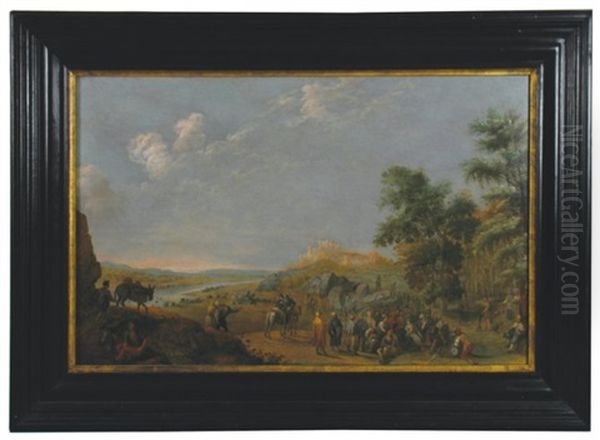 An Extensive River Landscape With Castle And Numerous Figures In The Foreground Oil Painting by Adam Willaerts