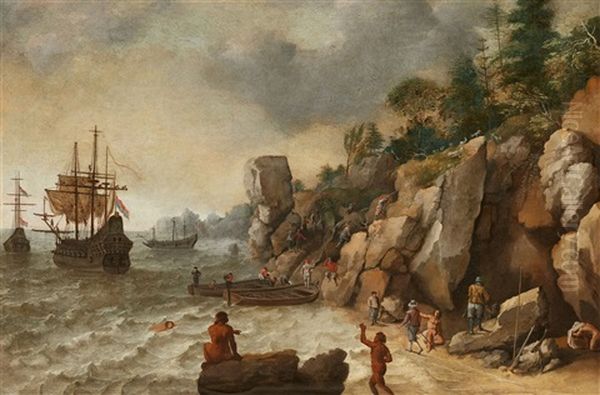 Coastal Landscape With Dutch Sailing Ships And A Hunting Scene Oil Painting by Isaac Willaerts