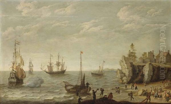 Dutch Merchants At Anchor In Choppy Waters Off A Rocky Coast In A Bay With Fishermen Unloading Their Catch Oil Painting by Isaac Willaerts