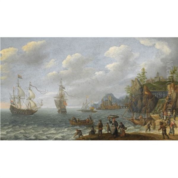 A Coastal Landscape With Two Dutch Merchant Ships And Other Barges In Choppy Waters Off The Coast, Fishermen Unloading Their Catch In The Foreground, A Hill Top Town Beyond Oil Painting by Isaac Willaerts