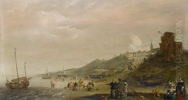 A Coastal Landscape With Elegant Figures On The Shore And Fishermen Unloading Their Catch Oil Painting by Isaac Willaerts