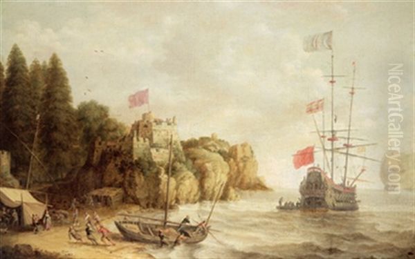 Felsige Kustenlandschaft Mit Einem Ankernden Dreimaster Und Einem Von Fischern An Den Strand Gezogenen Boot, Auf Der Anhohe Links Im Bild Ein Kastell Mit Einer Wehenden Fahne Oil Painting by Isaac Willaerts