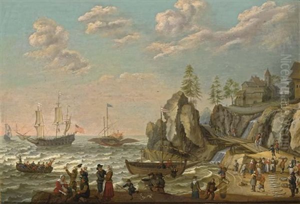 A Coastal Landscape With A Galley, An English Galley Frigate, A Fisher Pink, And A Rowing Boat On Choppy Waters Oil Painting by Isaac Willaerts