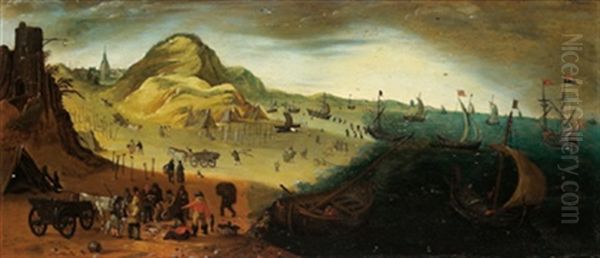 Hollandische Kustenlandschaft Mit Fischverkaufern, Pferdewagen Und Vielen Schiffen Oil Painting by Isaac Willaerts