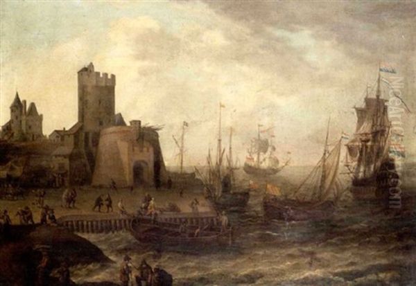 Shipping At Anchor Off A Harbour With Fisherfolk And Other Figures On The Quayside Oil Painting by Isaac Willaerts