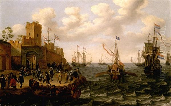 A Coastal Landscape With Dutch Men Of War And Barges Off The Coast, Orientals And Other Figures Before The Walls Of A Town In The Foreground Oil Painting by Isaac Willaerts