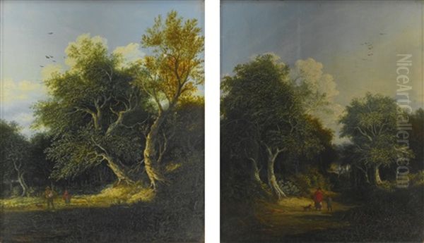 Two Wooded Landscapes With Figures On A Path Oil Painting by George Barrell Willcock