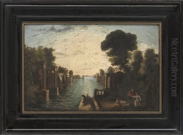 A River Landscape With Figures Oil Painting by George Barrell Willcock