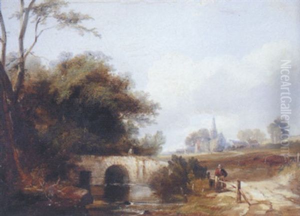 Landscape With Figure Leaning Against A Wooden Fence Beside A Stone Bridge, A Parish Church Beyond Oil Painting by George Barrell Willcock