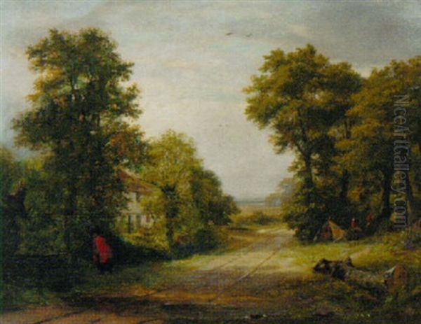 A Gypsy Encampment By A Cottage In A Wooded Landscape Oil Painting by George Barrell Willcock