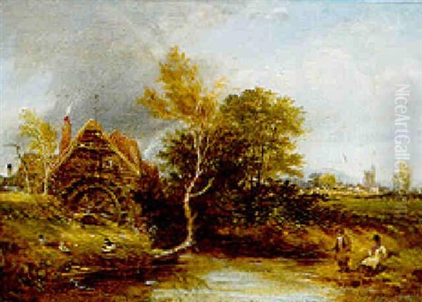 Children Fishing By A Watermill Oil Painting by George Barrell Willcock