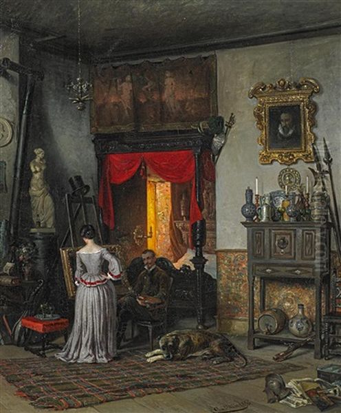 Das Malerehepaar Im Atelier (clara Und August Von Wille?) Oil Painting by August Von Wille