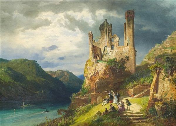 Reisende An Einer Ruine Im Rheintal Oil Painting by August Von Wille