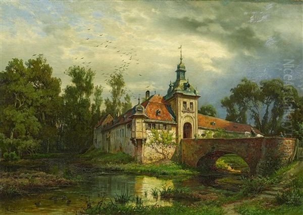 Wasserschloss Mit Heimkehrendem Reiter Oil Painting by August Von Wille