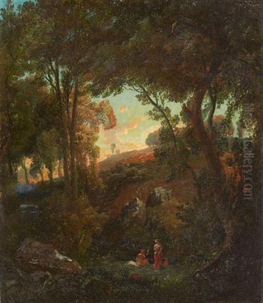 Forest Landscape With Bathers Oil Painting by August Von Wille