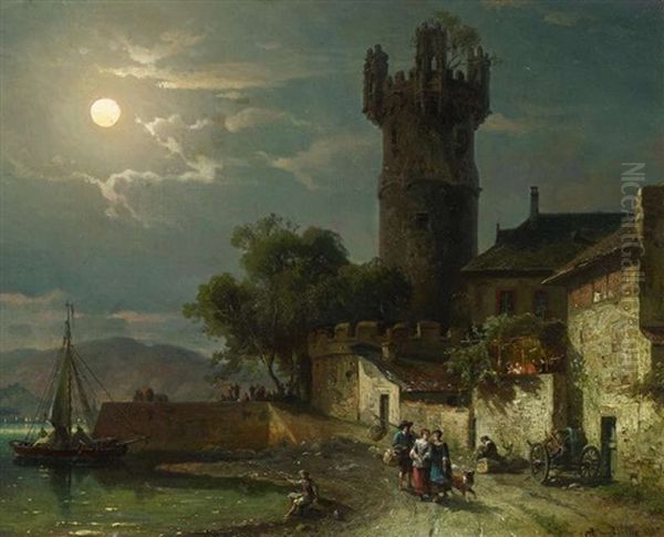 Rudesheim Am Rhein. Vollmondnacht Am Adlerturm Oil Painting by August Von Wille