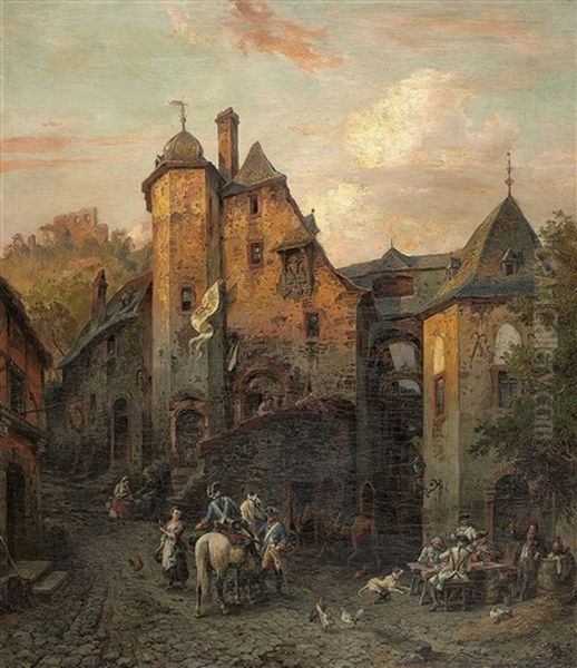 Ansicht Von Beilstein Mit Soldaten Vor Einer Schanke Oil Painting by August Von Wille