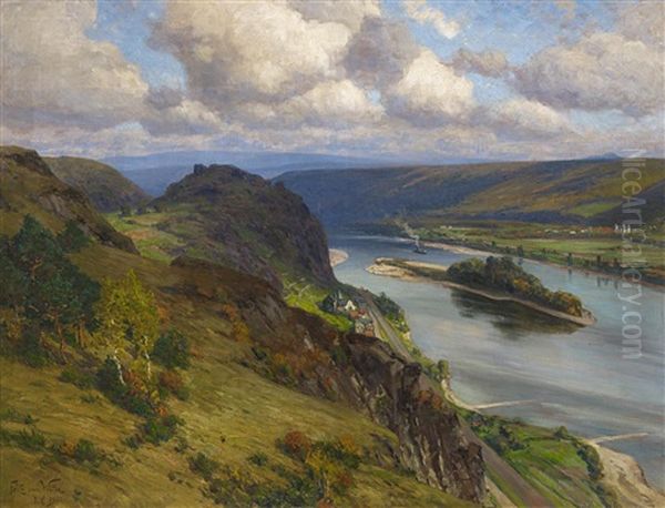 Blick Uber Den Rhein Auf Die Burgruine Hammerstein, Die Hammersteiner Werth Und Das Stadtchen Namedy Jenseits Des Flusses Oil Painting by Fritz Von Wille