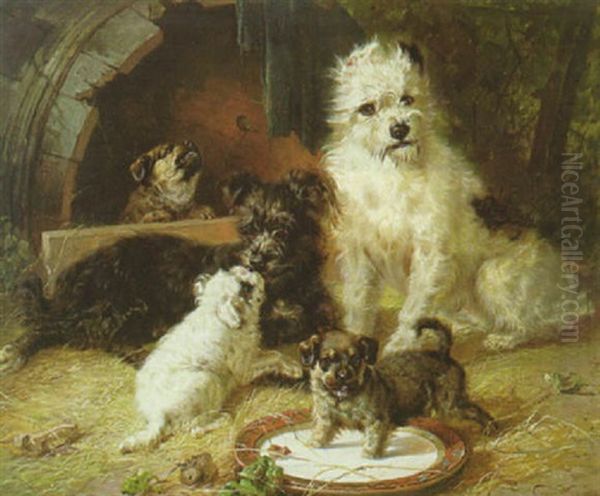 Zwei Hunde Mit Drei Welpen Im Stroh Am Futternapf Oil Painting by Klara von Wille