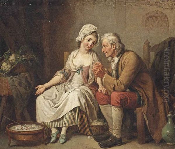 An Old Man Threading A Needle For A Young Seamstress Before A Brazier Of Coals Oil Painting by Pierre Alexandre Wille