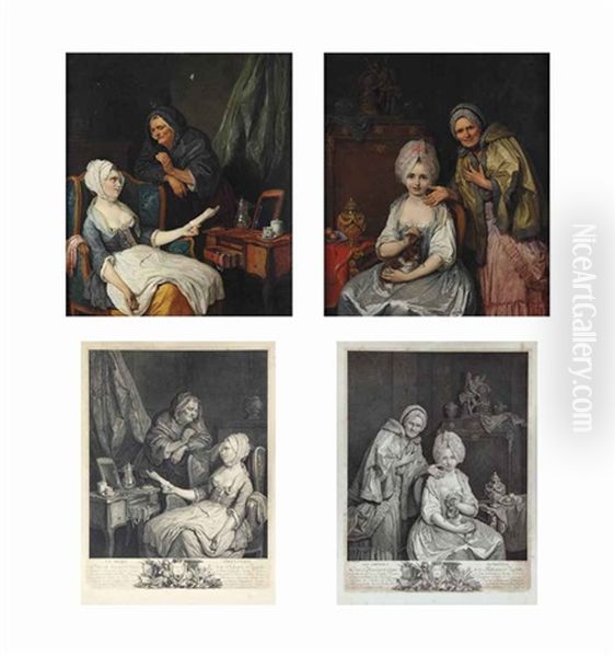 La Mere Indulgente; And Les Conseils Maternels (4 Works) Oil Painting by Pierre Alexandre Wille