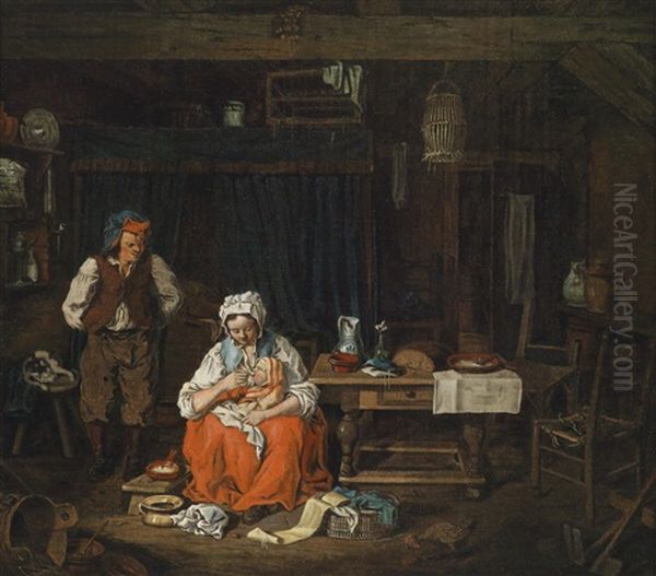 Bauerliches Interieur Mit Einer Stillenden Jungen Mutter Oil Painting by Pierre Alexandre Wille