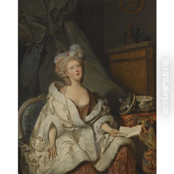 An Elegantly Dressed Lady Seated At A Table, Reading A Letter Oil Painting by Pierre Alexandre Wille