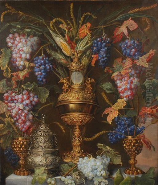 Tablette Garnie D'argenterie Precieuse, De Grappes De Raisin Et D'epis De Mais Oil Painting by Petrus Willebeeck