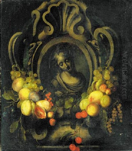 A Still Life Of Fruit And Flowers Surrounding A Cartouche Of The Virgin Oil Painting by Petrus Willebeeck