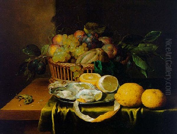 Nature Morte A La Corbeille De Fruits, Huitres Et Citron Sur Un Entablement Oil Painting by Petrus Willebeeck