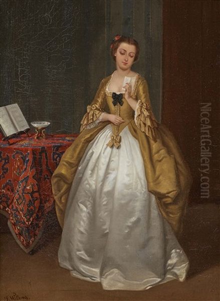 Elegant Lady Reading A Letter Oil Painting by Florent Willems