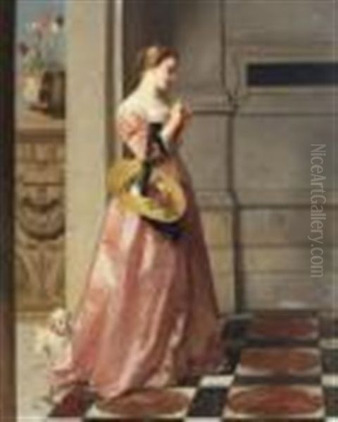 Lady Standing Full-length In A Pink Satin Dress With Small Dog In Attendance Oil Painting by Florent Willems