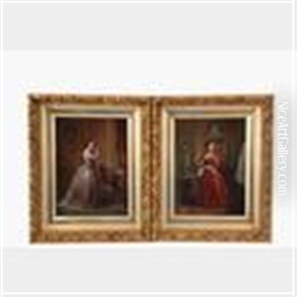 Two Paintings Of Young Beauties In Their Boudoirs Oil Painting by Florent Willems