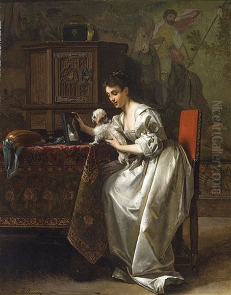 Interior With Woman And Dog Oil Painting by Florent Willems