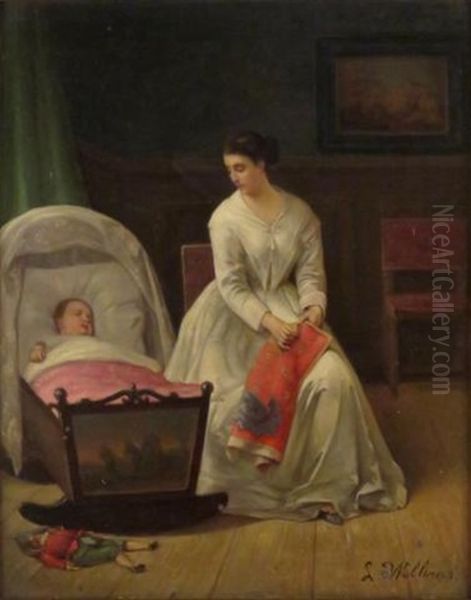 Mother With Baby In Cradle Oil Painting by Louis Willems