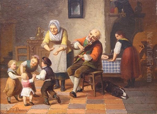 Family Genre Scene With Dog Oil Painting by Louis Willems