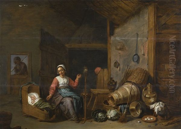 Interior With A Mother Spinning Yarn By A Cradle Oil Painting by Abraham Willemsens