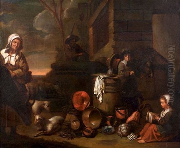 Famille De Paysans Devant Une Chaumiere Et Nature Morte Aux Cuivres Oil Painting by Abraham Willemsens