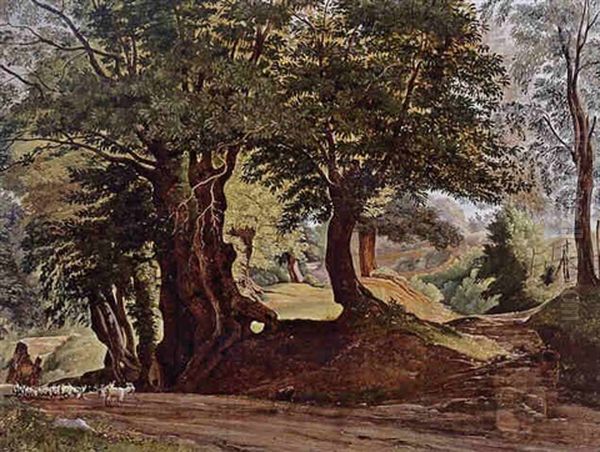 A Wooded Landscape With Goats On A Path Near Ariccia Oil Painting by Ernst Willers