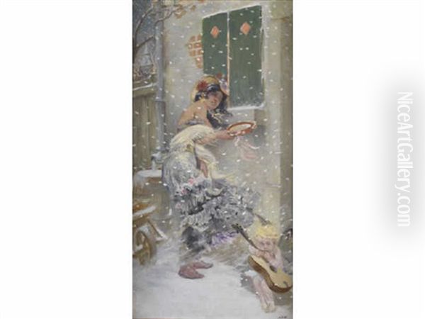 Gitane Au Tambourin Et Amour Sous La Neige Oil Painting by Adolphe Leon Willette