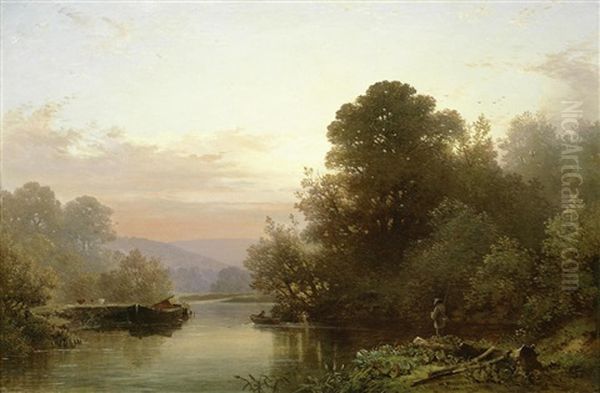 Fisherman In A River Landscape Oil Painting by William Williams Of Plymouth