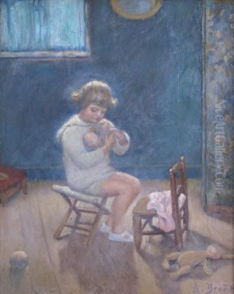 Fillette Et Sa Poupee Oil Painting by Adolphe Broet