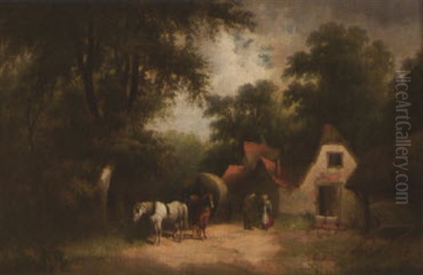 Travelers Stopping At A Roadside Inn Oil Painting by Alfred Walter Williams