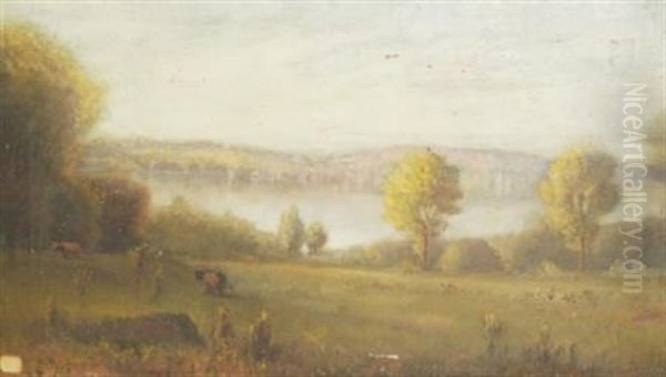 Cattle Grazing Before Lake Cazenovia Oil Painting by Dwight Williams