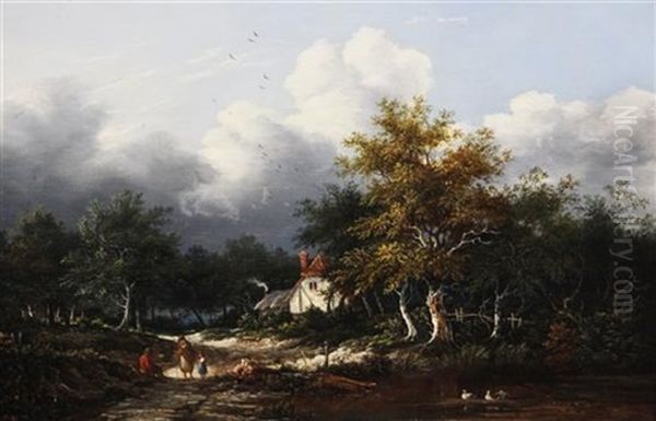 Travellers Passing A Cottage In A Wooded Landscape Oil Painting by Edward Williams