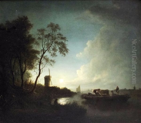 Moonlight River Landscape With Figures And Cattle On A Ferry And Windmill Oil Painting by Edward Williams